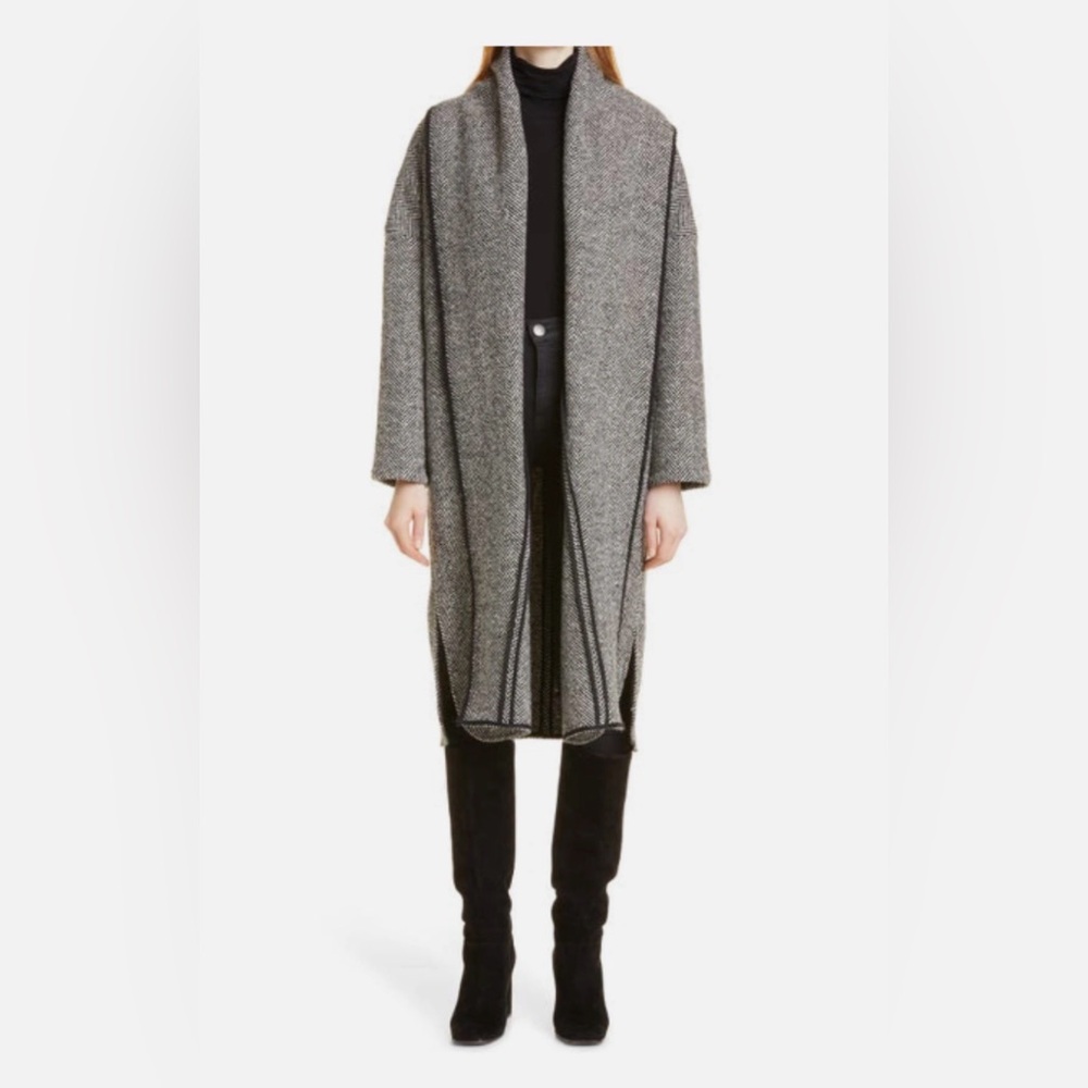 NWT BA&SH Manteau Achille Herringbone Wool Blend Coat In Noir - Size 2 US Medium